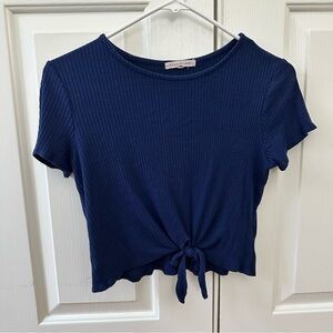 Copper Key Dark Blue Ribbed Tie-Front Cropped Tee